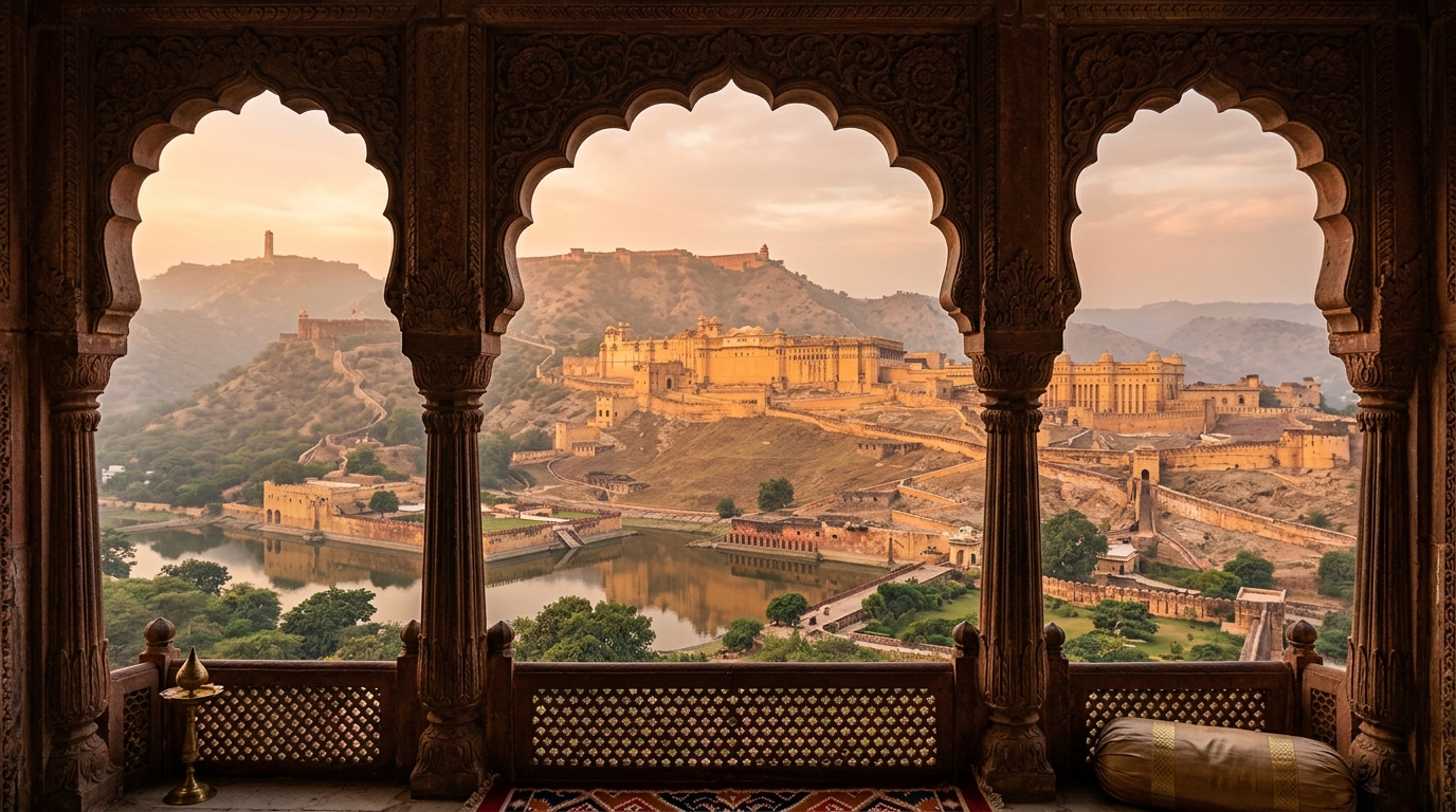 Majestic view of Jaipur Amber Fort through a heritage carved palace archway