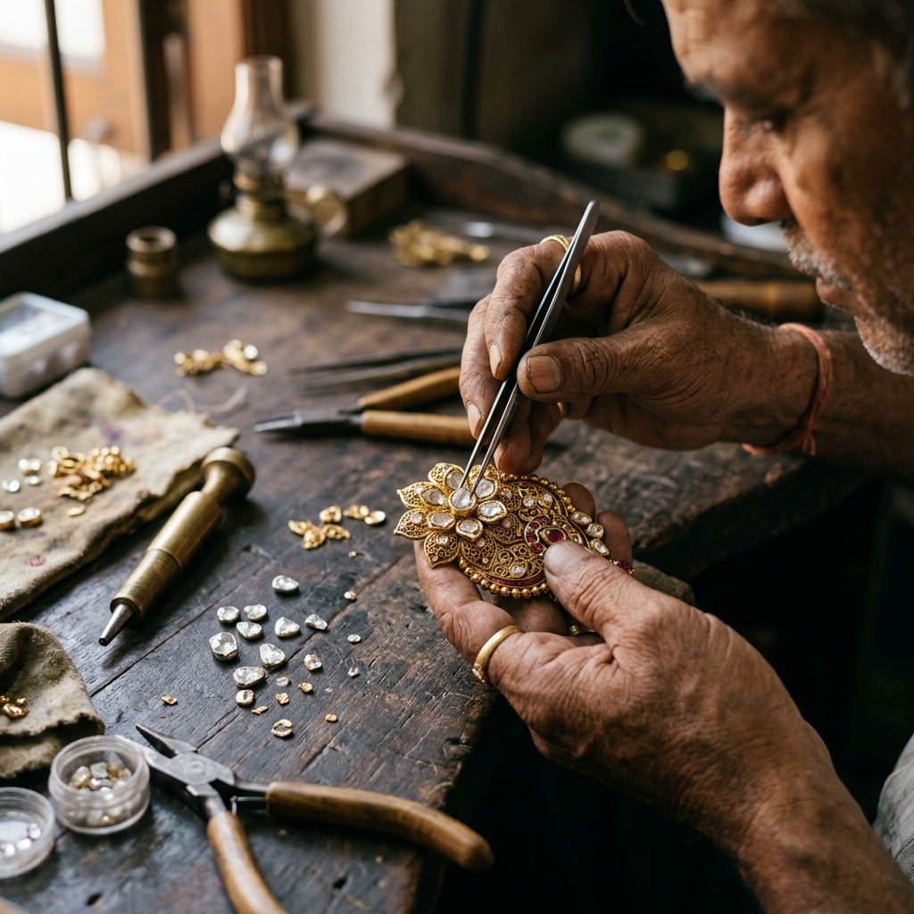 Master artisan jeweler handcrafting intricate Polki diamond brooch in Jaipur workshop